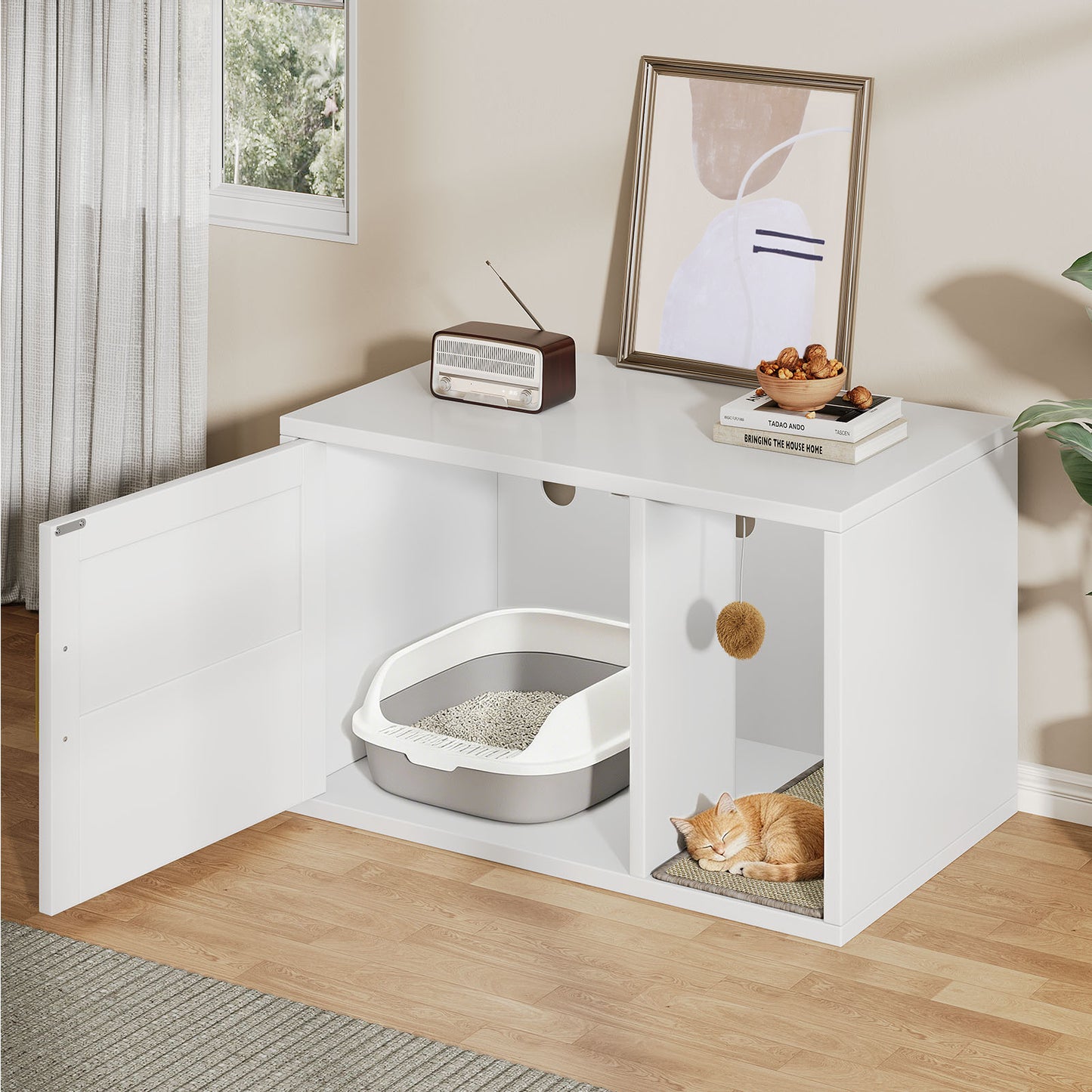 Multifunctional Cat Litter Box Cabinet with Odor Control & Side Table - White