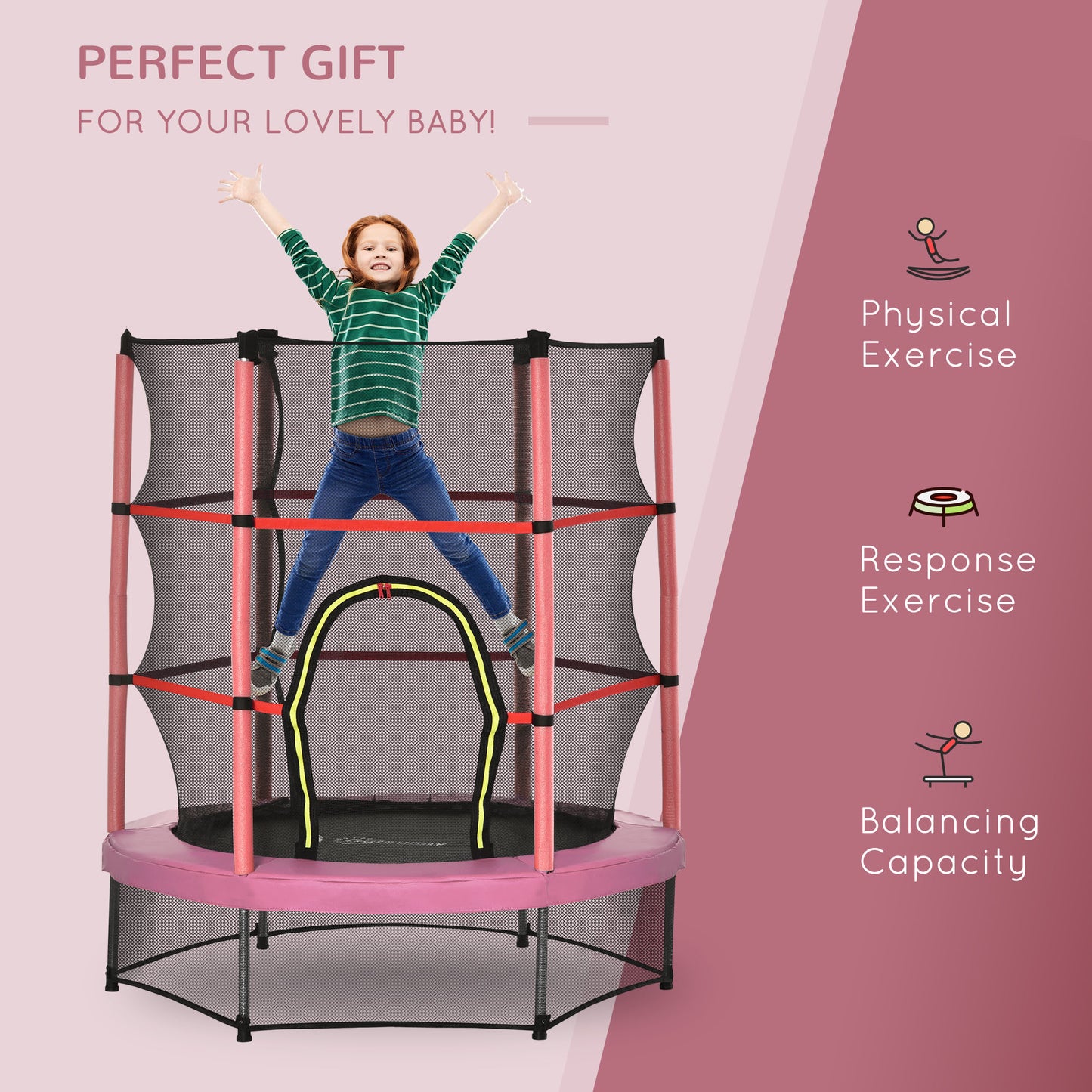 5FT Kids Trampoline with Enclosure Net - Pink, 3-6 Years