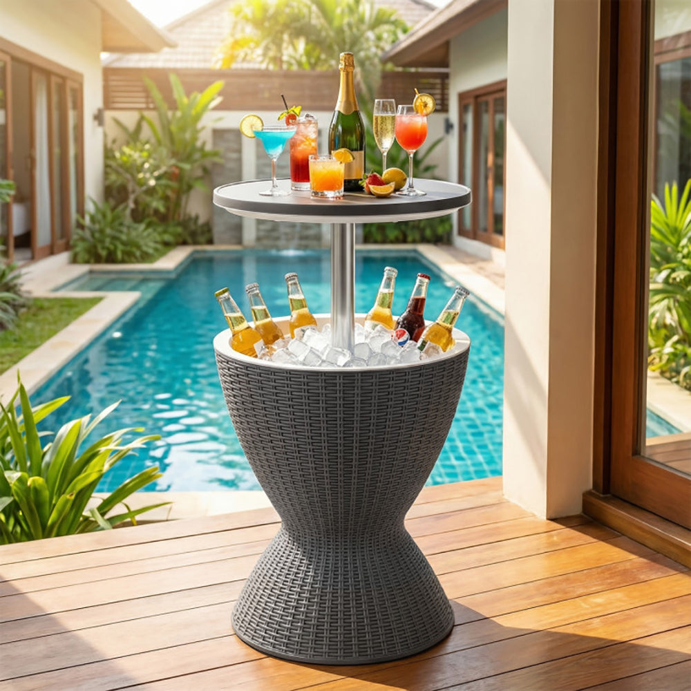 Extendable Outdoor Rattan Bar Table with Ice Cooler - 8 Gallon Capacity