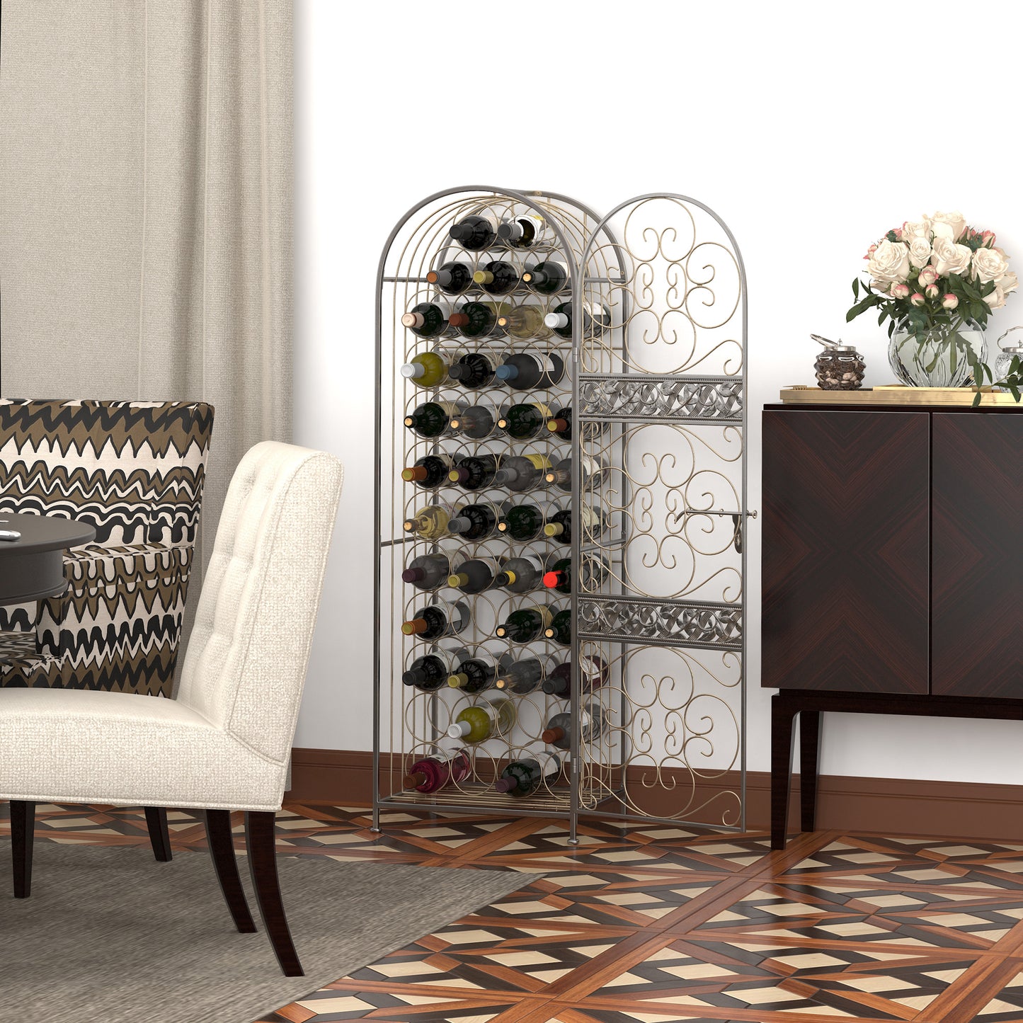 Wrought Iron Wine Rack with Lock - 45 Bottle Holder, Antique Bronze