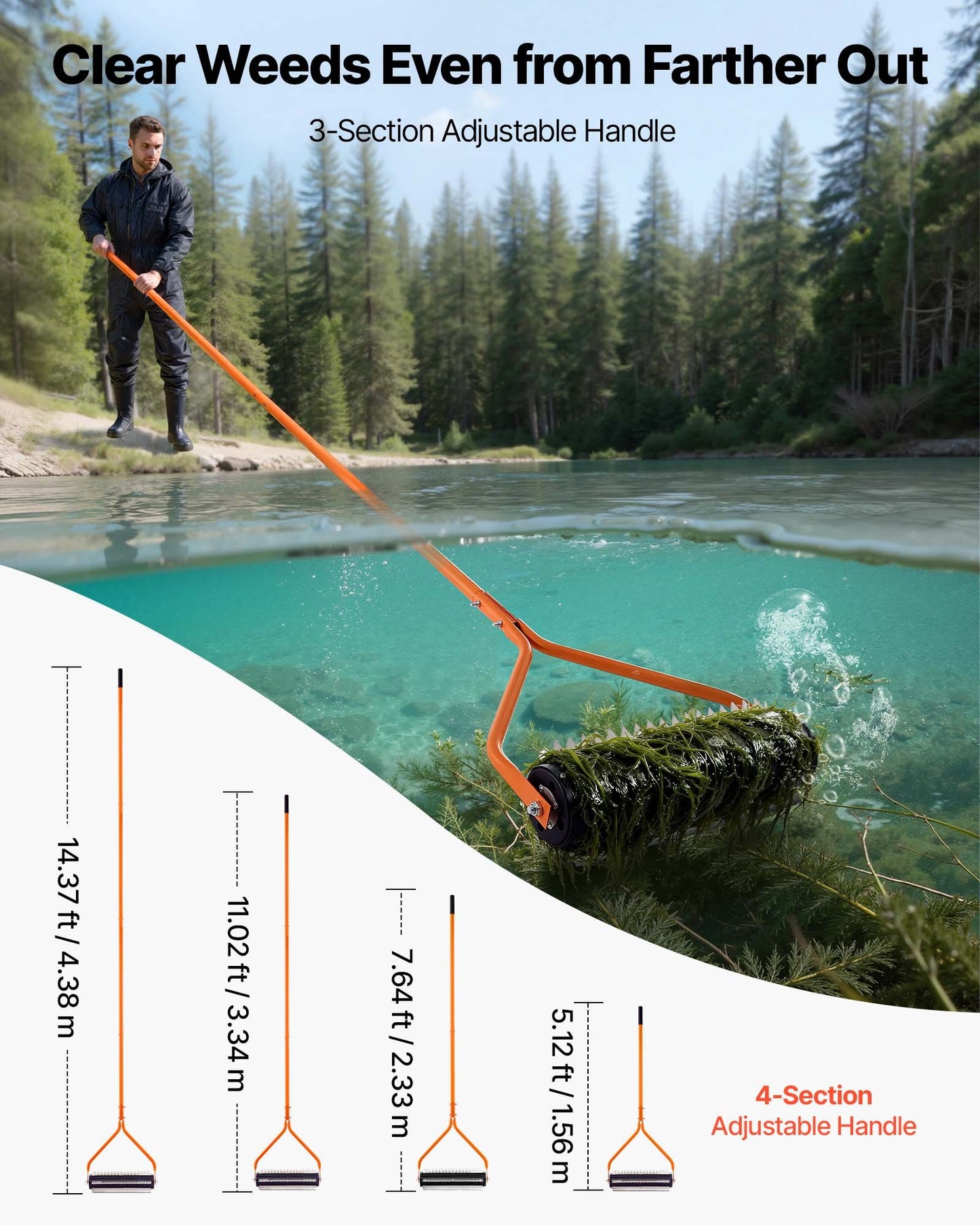Lake Weed Roller with Stainless Steel Blades & Adjustable Aluminum Handle - Pond & Lake Weed Removal Tool