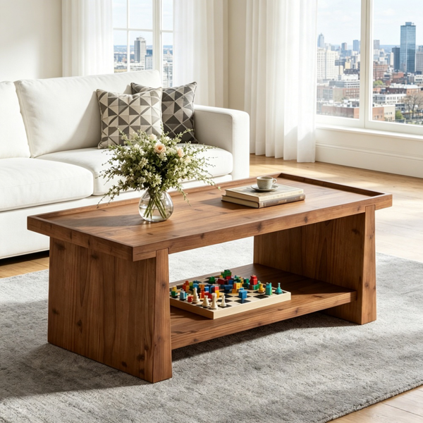Solid Wood End Table with Two-Tier Storage - Rustic Design