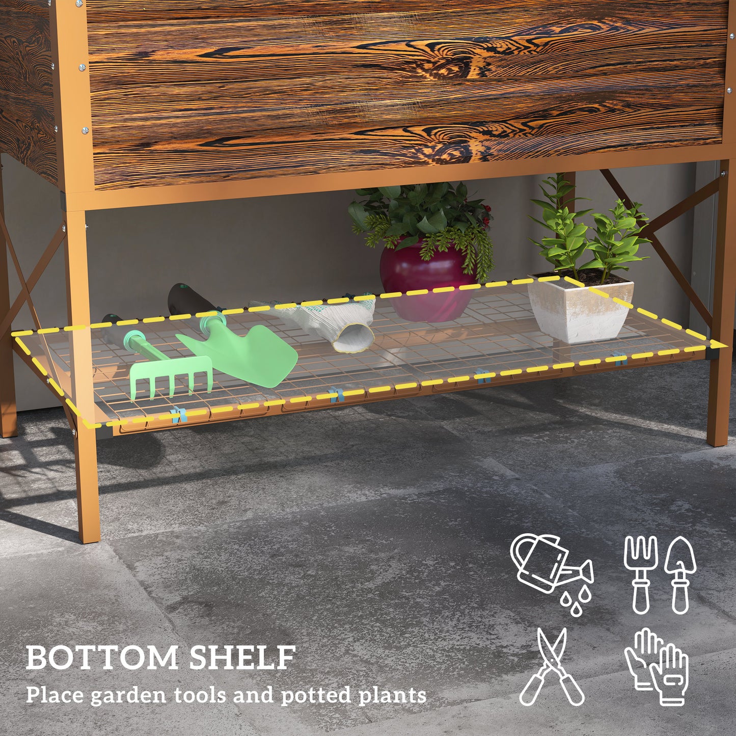 Galvanized Steel Raised Garden Bed with Storage Shelf - Dark Brown, 1180x360x95mm
