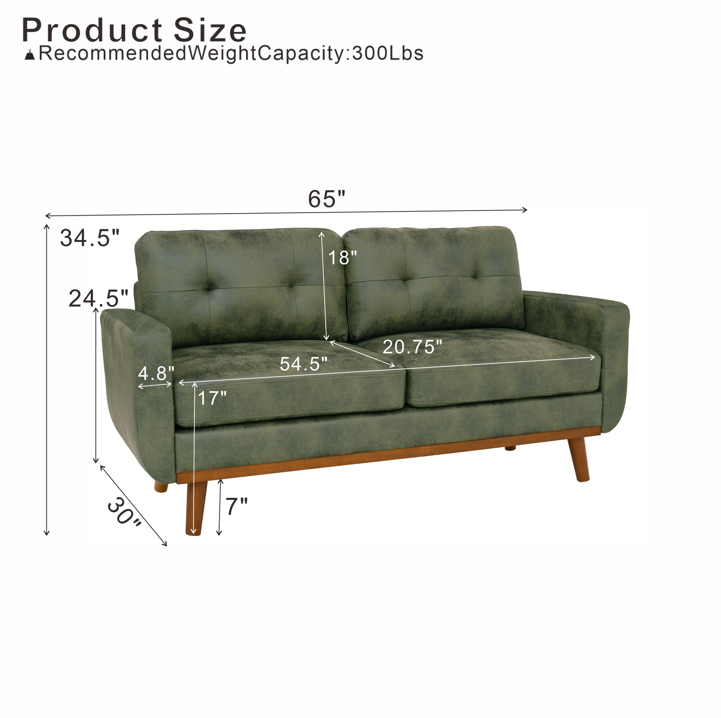 65-Inch Modern Minimalist Two-Seater Sofa - Olive Green