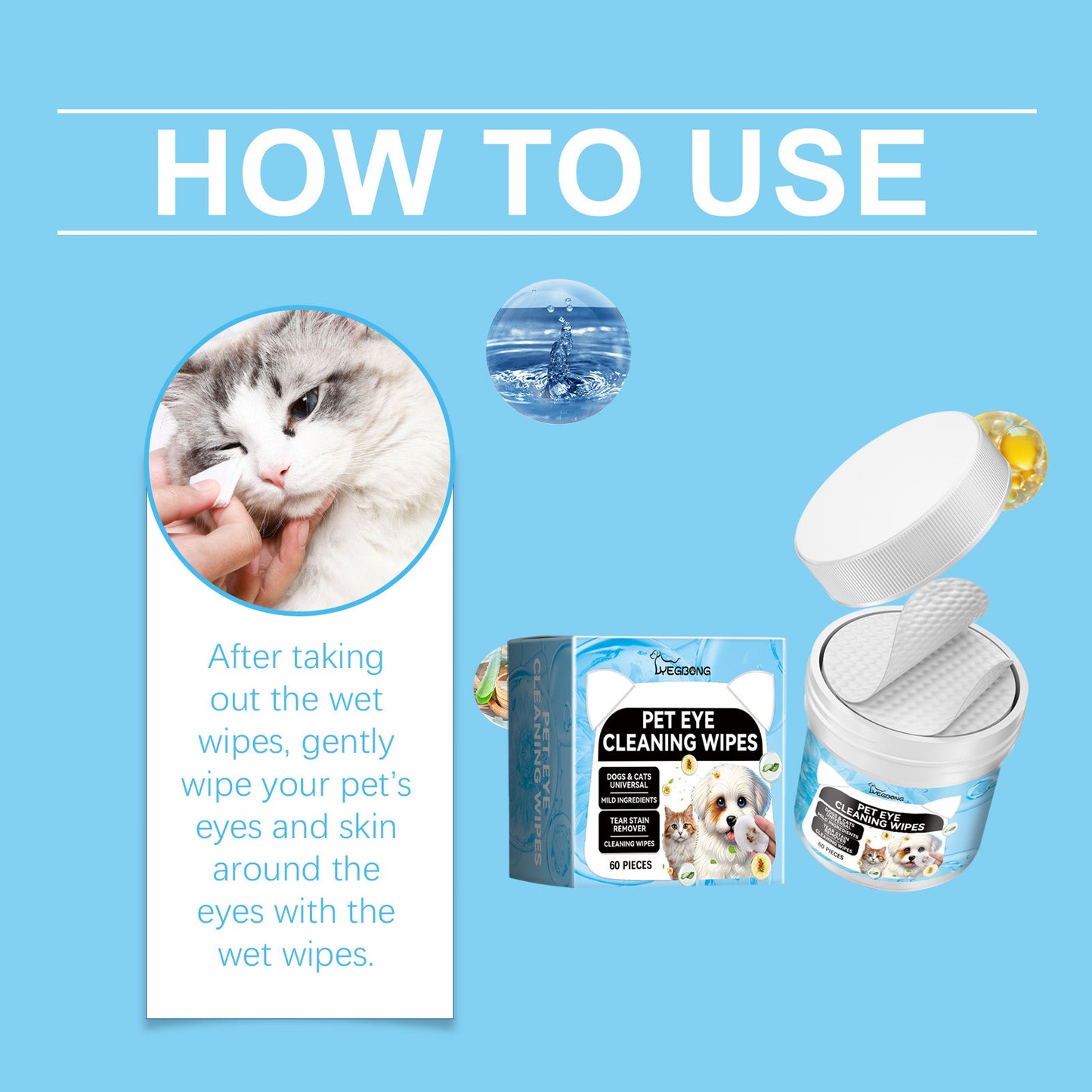 Pet Eye Cleaning Wipes for Dogs & Cats - Tear Stain Remover Pads, 60 Count
