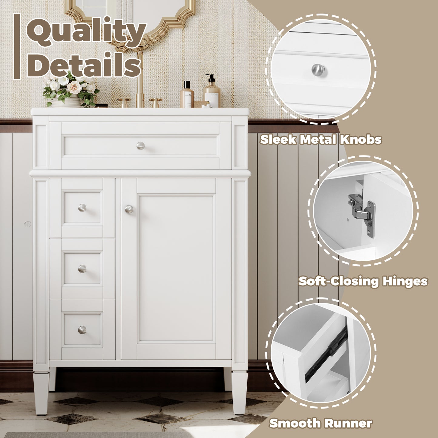 24-Inch Modern Bathroom Vanity with Ceramic Sink & 3 Drawers - White