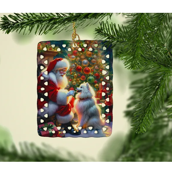 American Eskimo Dog Porcelain Christmas Ornament with Gold Cord