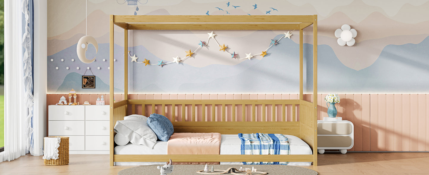 Full Size Canopy Bed Frame with Guardrails - Natural Wood