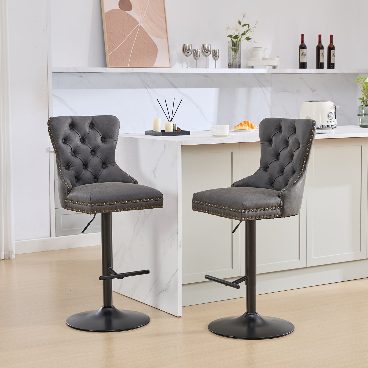 Adjustable PU Swivel Bar Stools Set of 2 - Black
