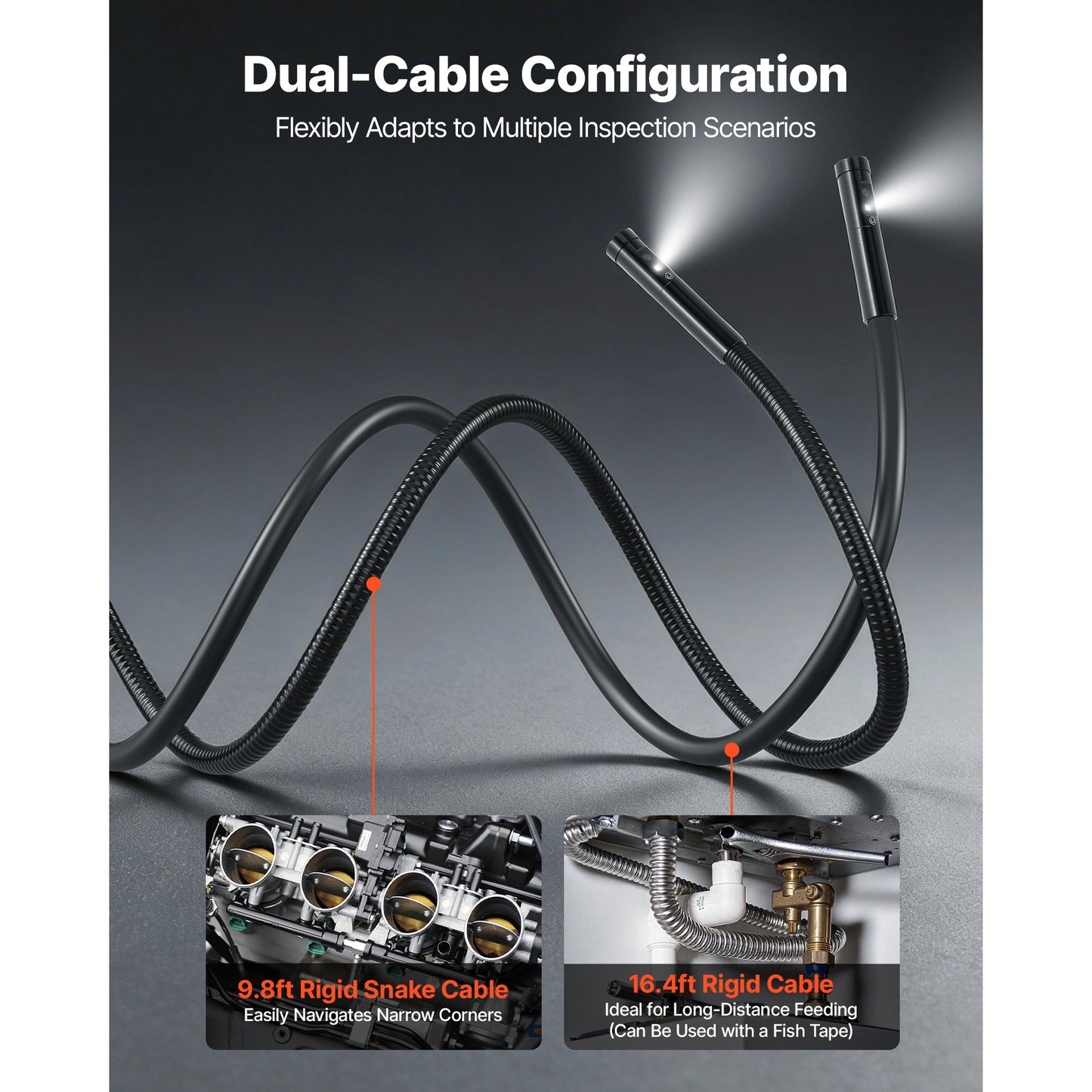 Industrial Borescope Endoscope with 8X Zoom, HD Split Screen, 16.4ft Waterproof Snake Camera