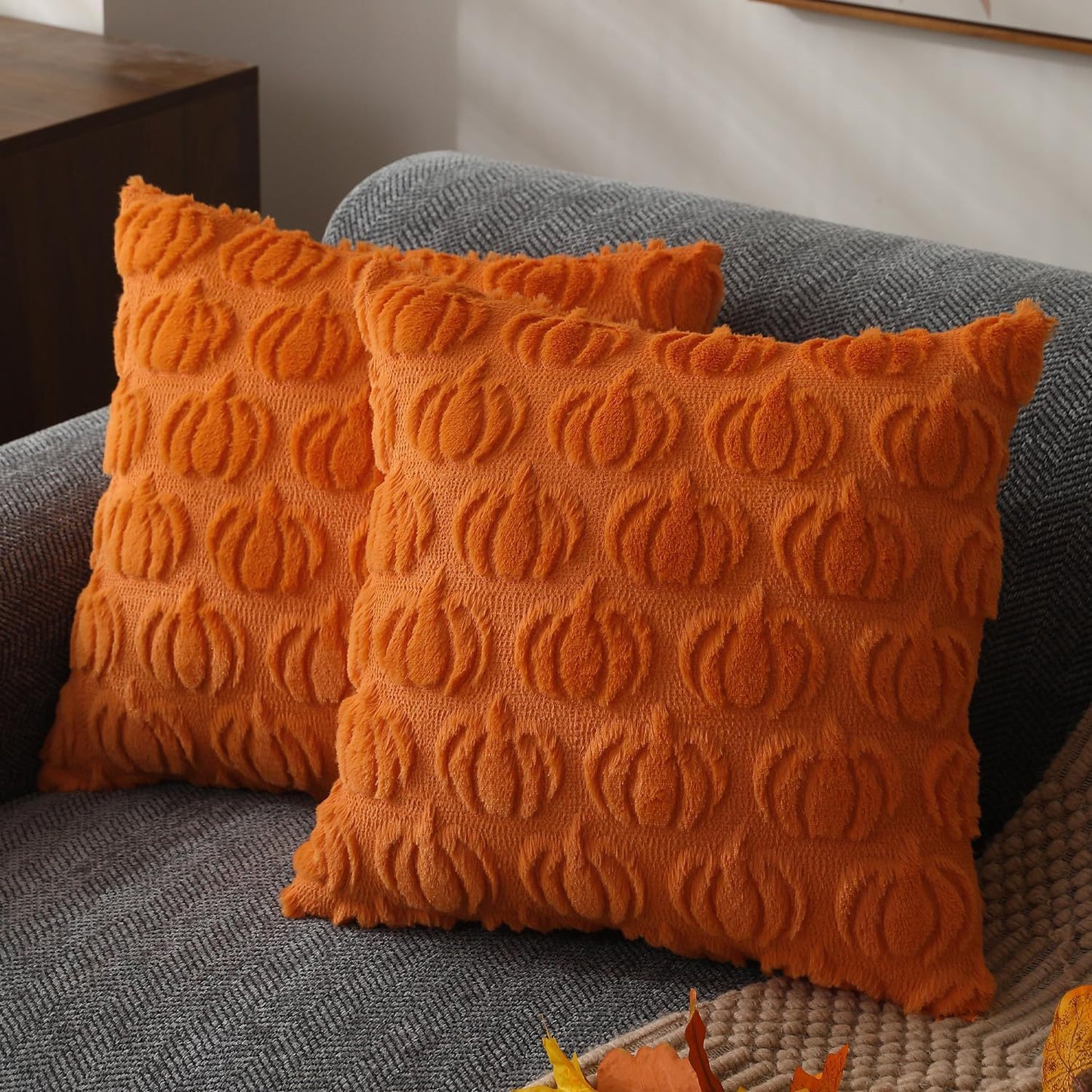 Luxury Pumpkin Embroidered Pillowcase for Home Decor - 45x45cm, Caramel & Orange