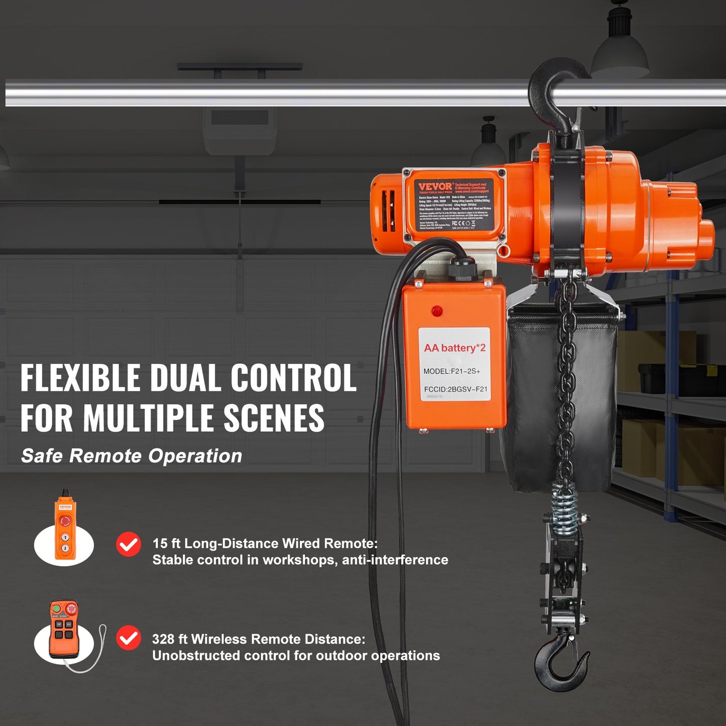 Electric Chain Hoist 2200 lbs Load Capacity, 20 ft Lifting, Single Phase, Orange