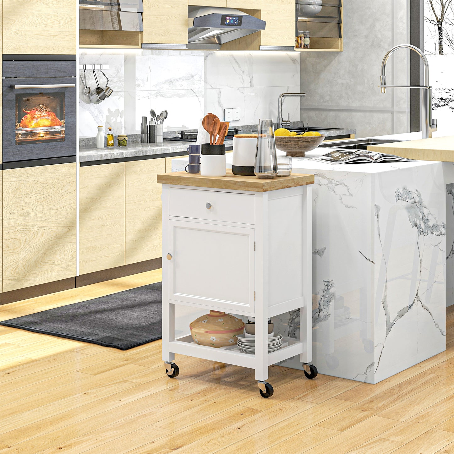 Rolling Kitchen Cart with Rubberwood Top, Drawer, and Wine Rack - White
