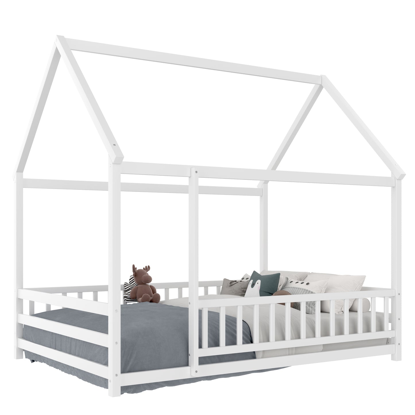 Full Size Wooden Floor Bed with House Roof Frame - White