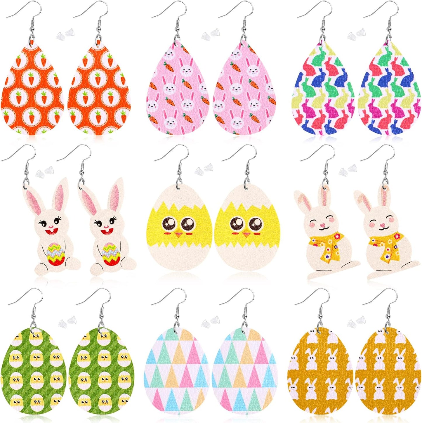Easter Faux Leather Earrings - 9 Pairs Lightweight Dangle Teardrop