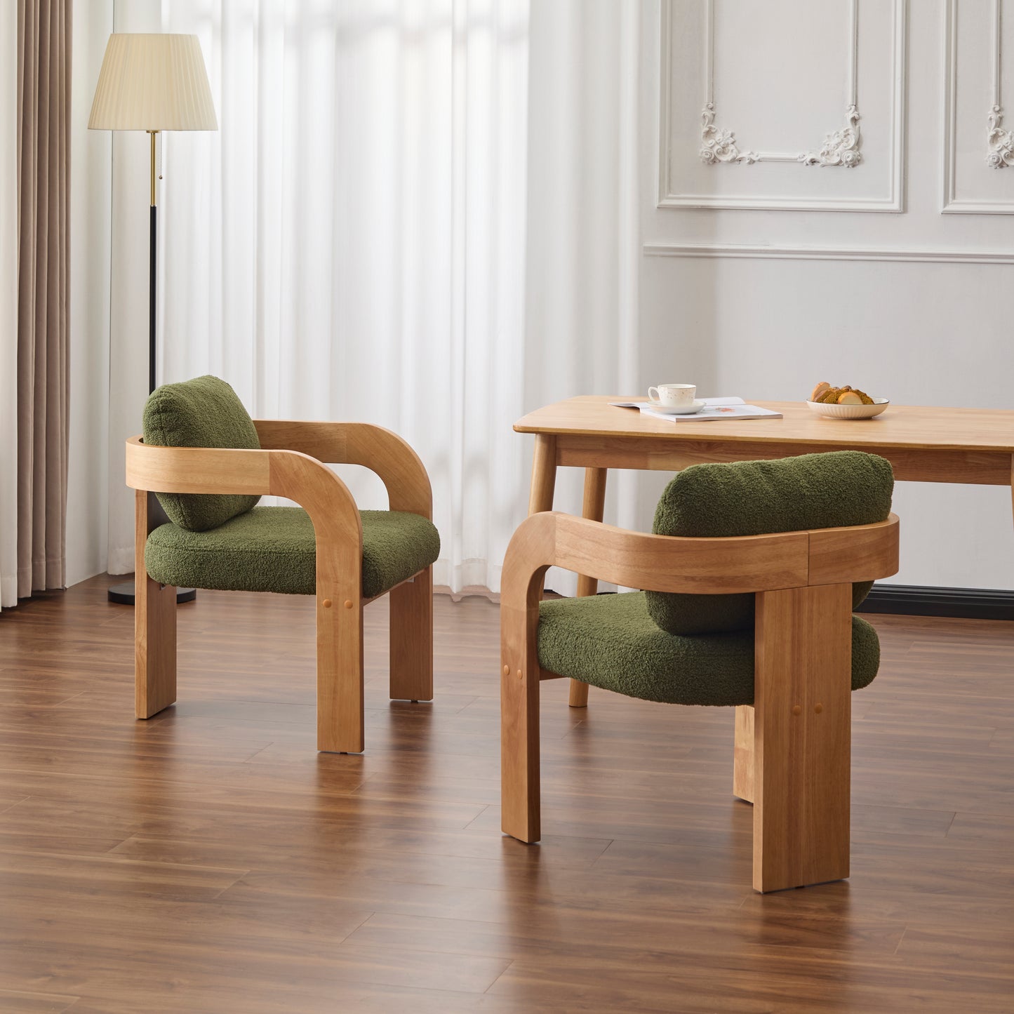 2-Pack Dining Chairs with Pillow Back - Green Boucle Fabric