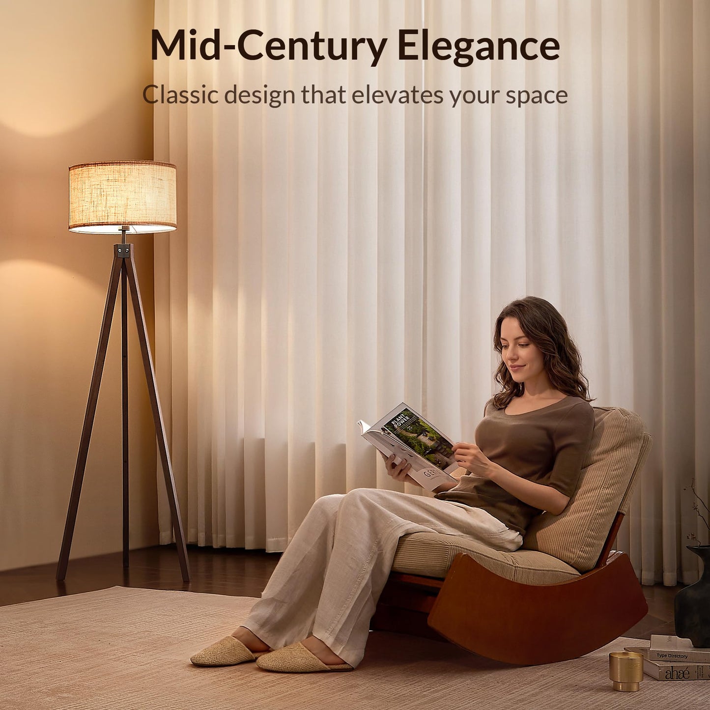 Mid Century Modern Tripod Floor Lamp with Linen Shade - E26 Base, Wooden Stand