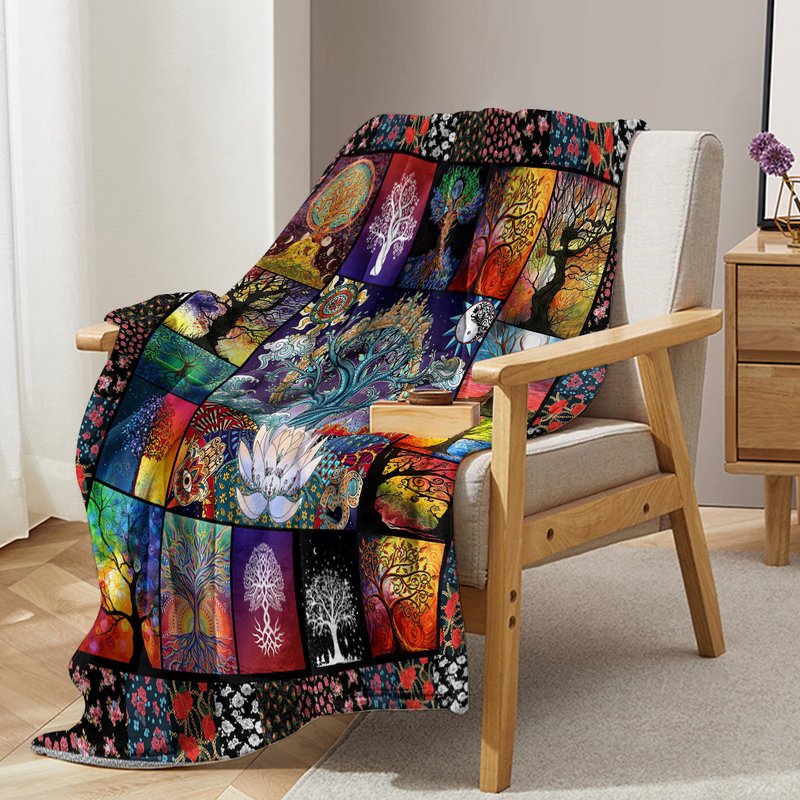 Multicolor Flannel Blanket with Lotus Tree Pattern - Soft, Warm, Multifunctional Outdoor & Home Use