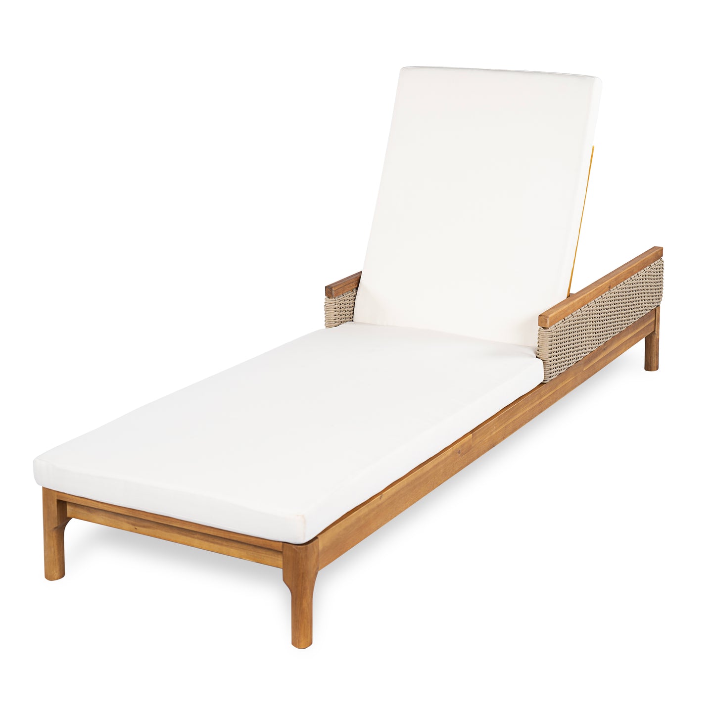 Acacia Wood Sun Chaise Lounger with Beige Cushions - 76.8"