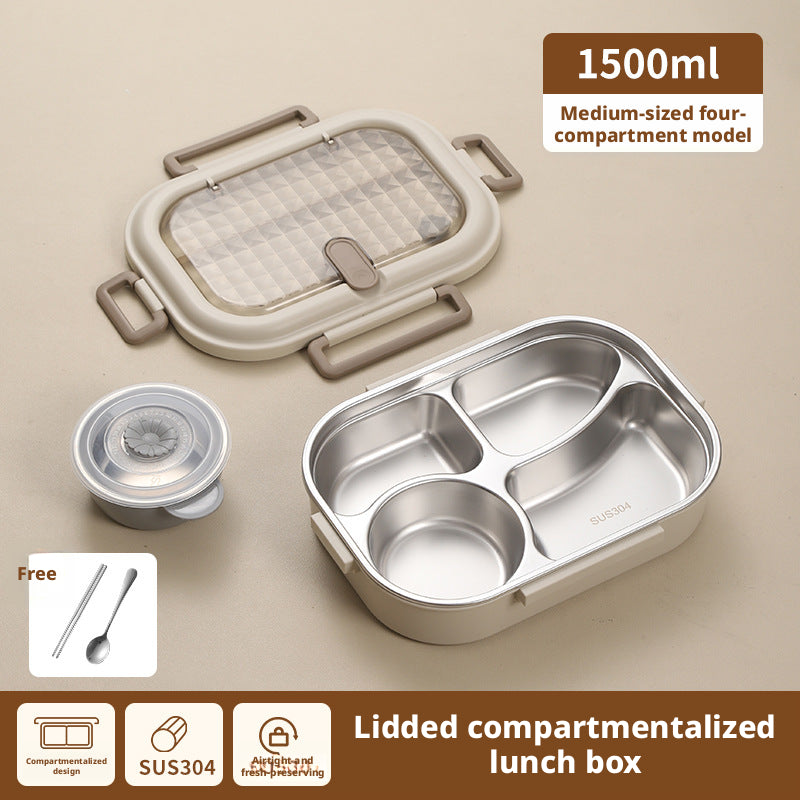 Stainless Steel Lunch Box Set with Four-Grid 1500ml and Soup Bowl
