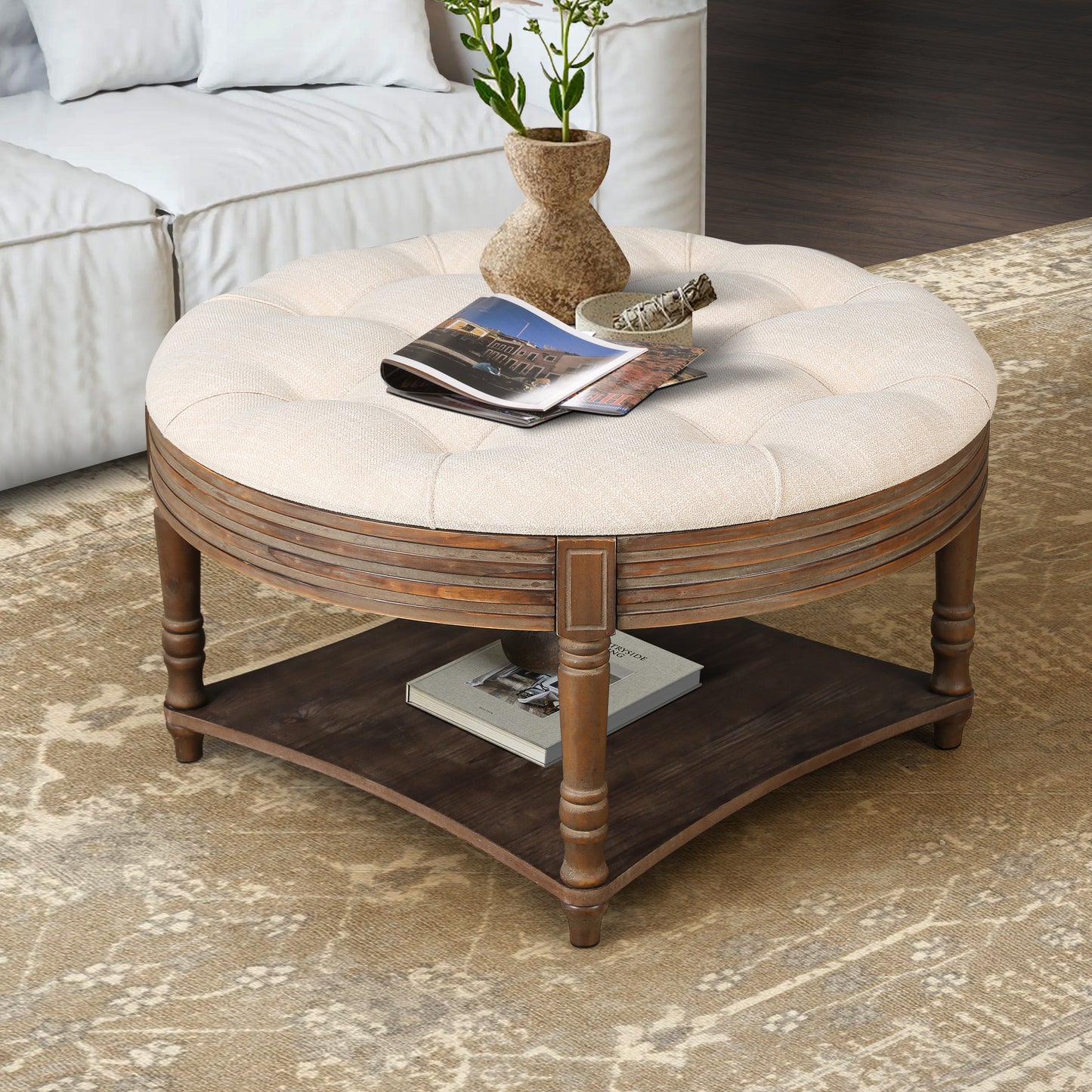 Large Round Waterproof Ottoman Coffee Table with Storage - Beige