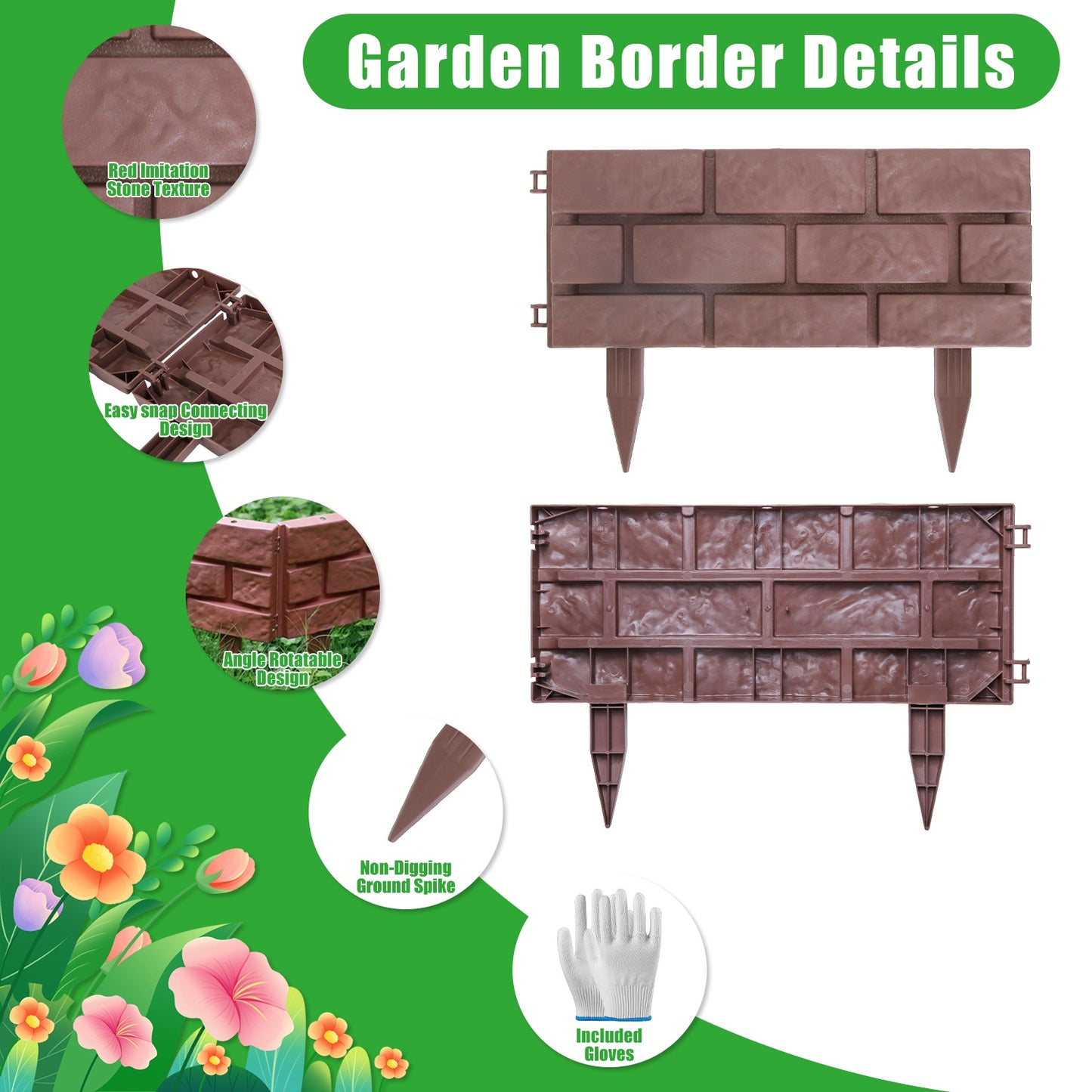 12-Pack Garden Edging Panels with Rotatable Connectors - Red Stone Fence Border