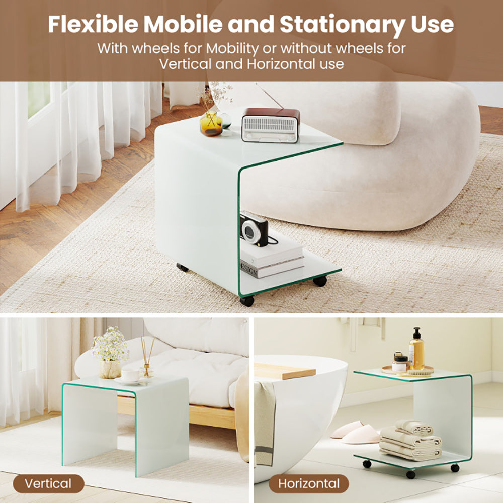 C Shaped End Table Modern Tempered Glass Side With Shelf 4 Swivel