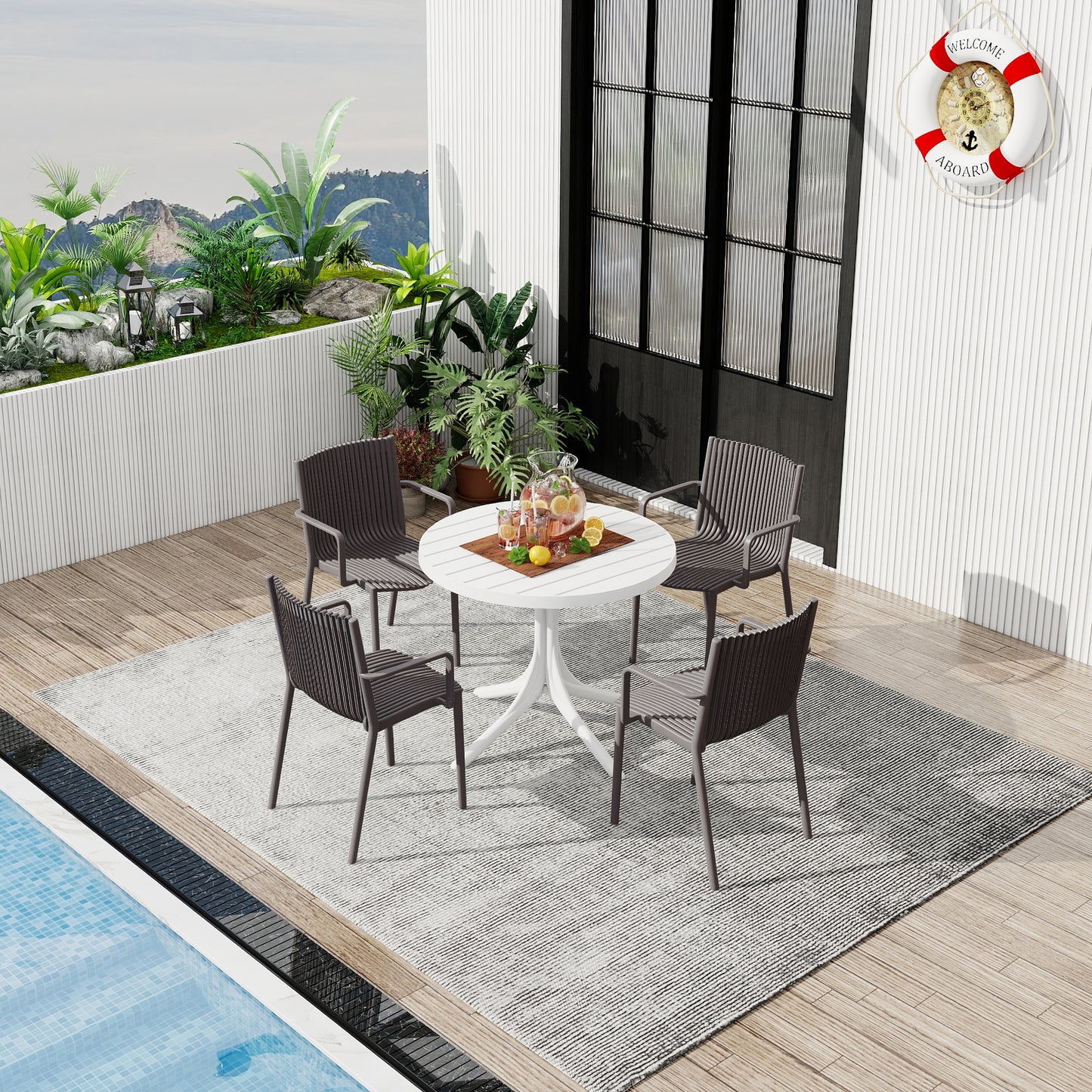 4-Piece Warm Grey Stackable Armchair & Round Table Set - Indoor/Outdoor