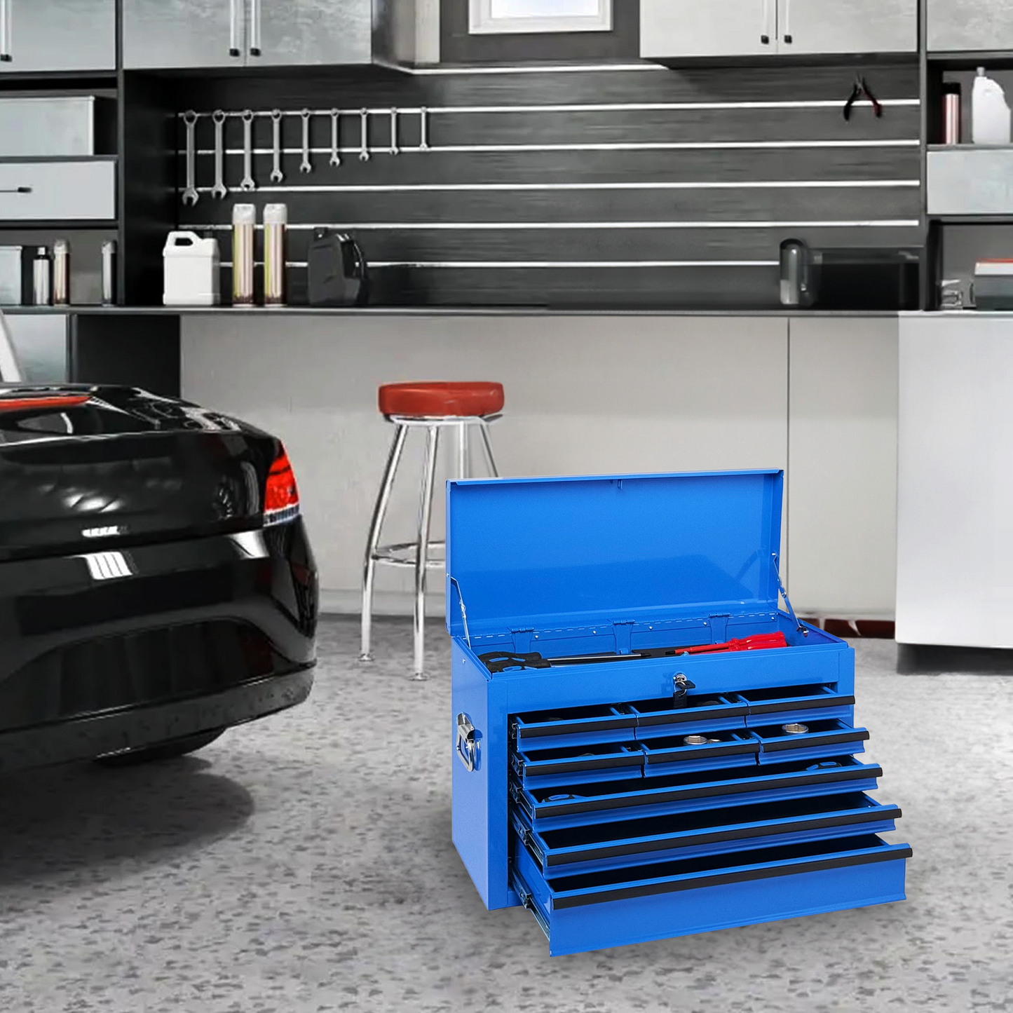 Heavy Duty Metal Tool Box 24-Inch with 9 Drawers and Locking Mechanism - Blue