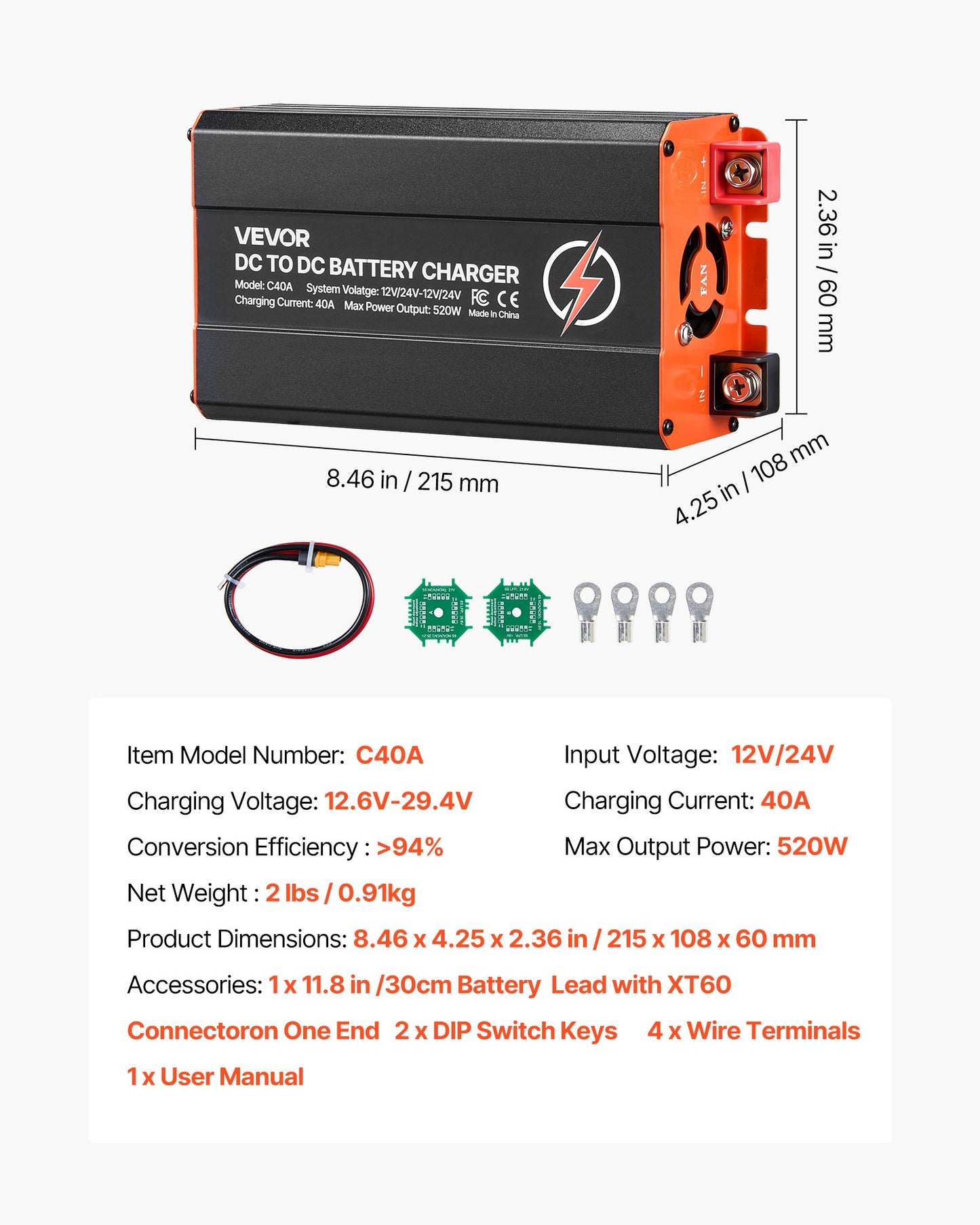 DC to DC Battery Charger 520W 40A for RV, Home Backup, Portable Power Stations