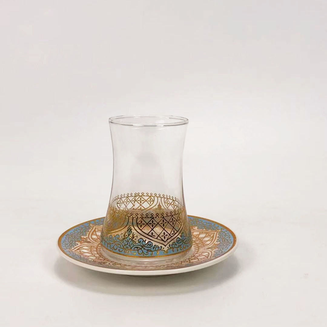Turkish Glass Coffee and Tea Cup Set with Saucer and Spoon - Exotic Drinkware