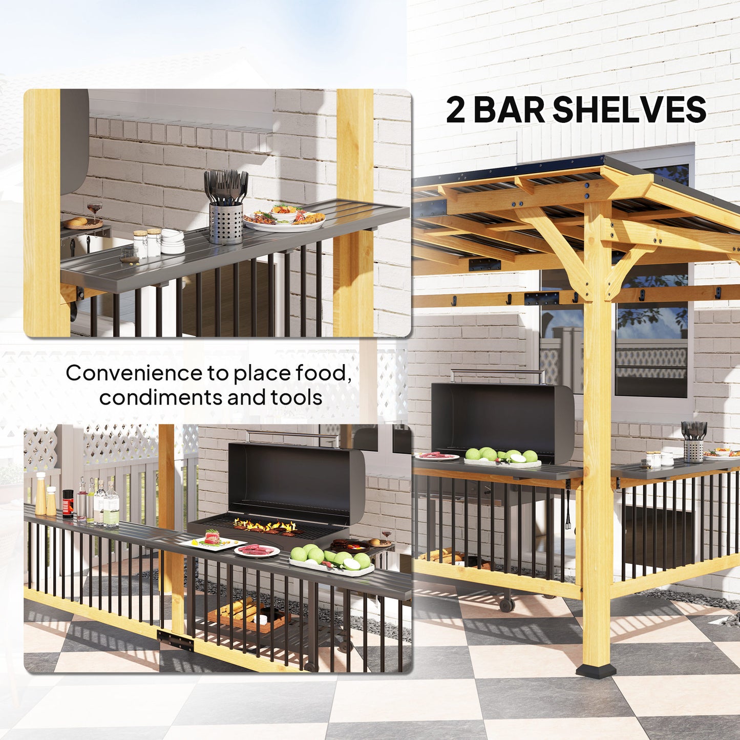 Outdoor Grill Gazebo with Metal Roof and Bar Shelves - Natural Wood