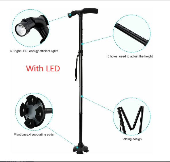 Folding Aluminium Walking Cane with Flashlight - Black