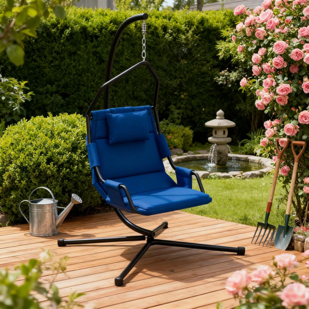 Hanging Swing Chair with Steel Frame & Coating Cushion - Black & Dark Blue