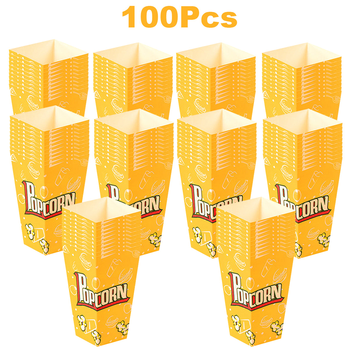 100 Pcs Paper Popcorn Boxes - Yellow & Orange, 16x9x5.7cm
