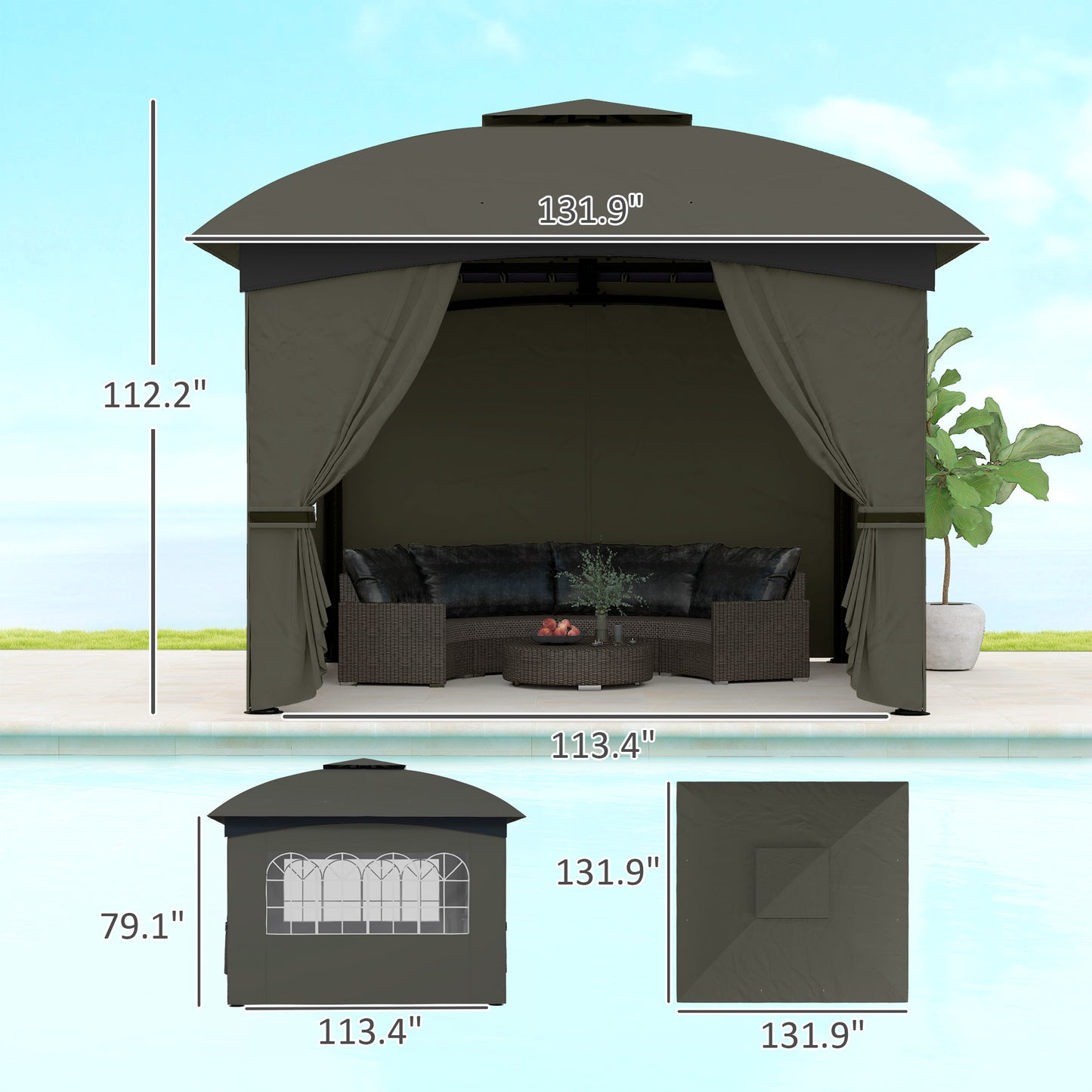Outdoor Gazebo with Curtains & Church Windows - Dark Gray