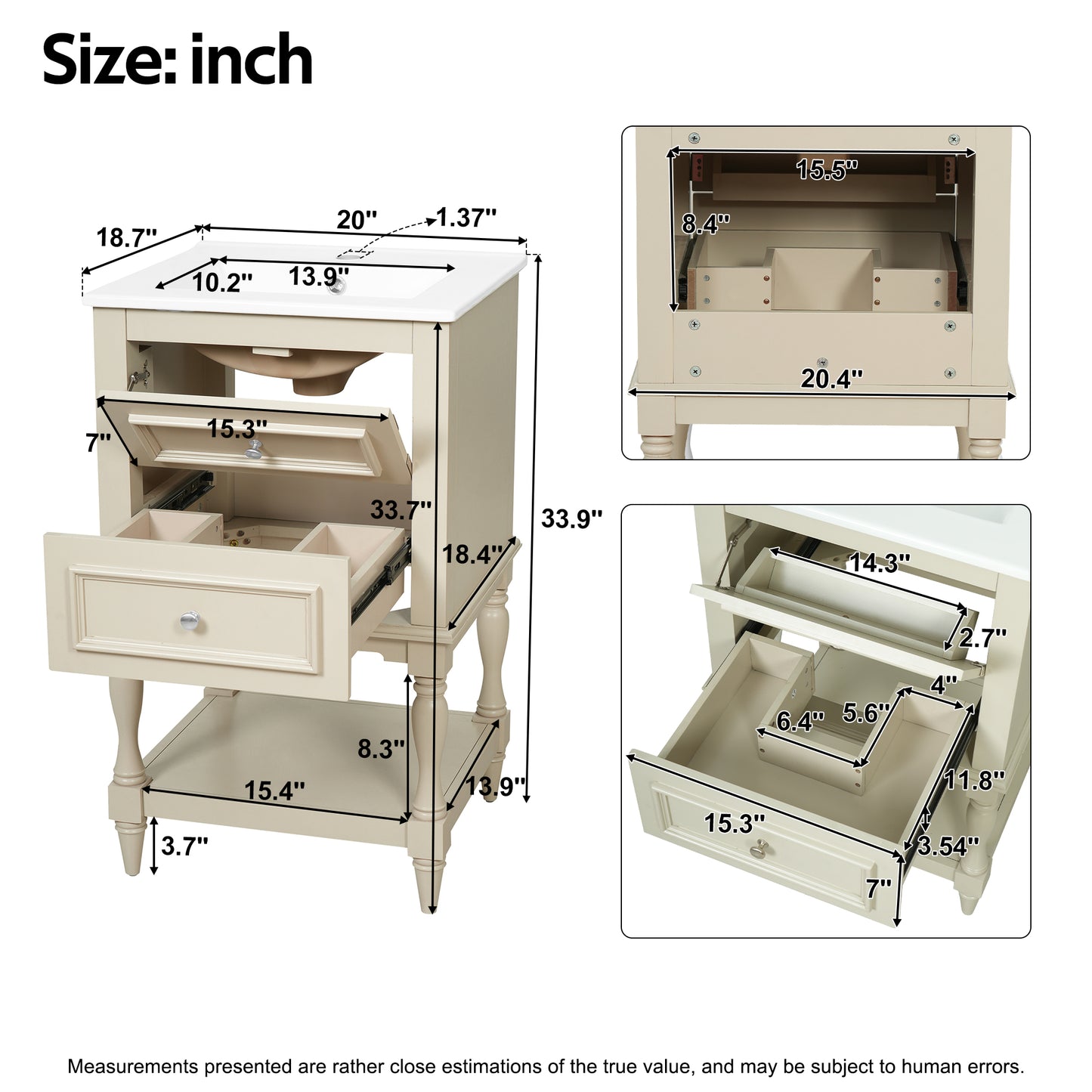 20'' Beige Bathroom Vanity with Ceramic Sink & 2 Drawers