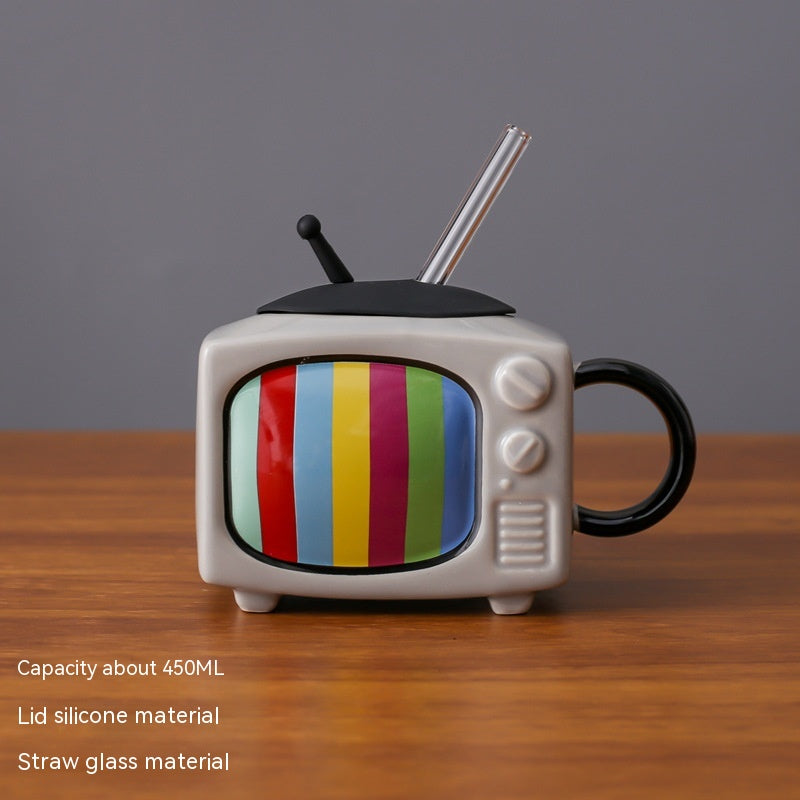 Creative Retro TV Ceramic Cup with Lid and Handle - 450ml, Multiple Colors
