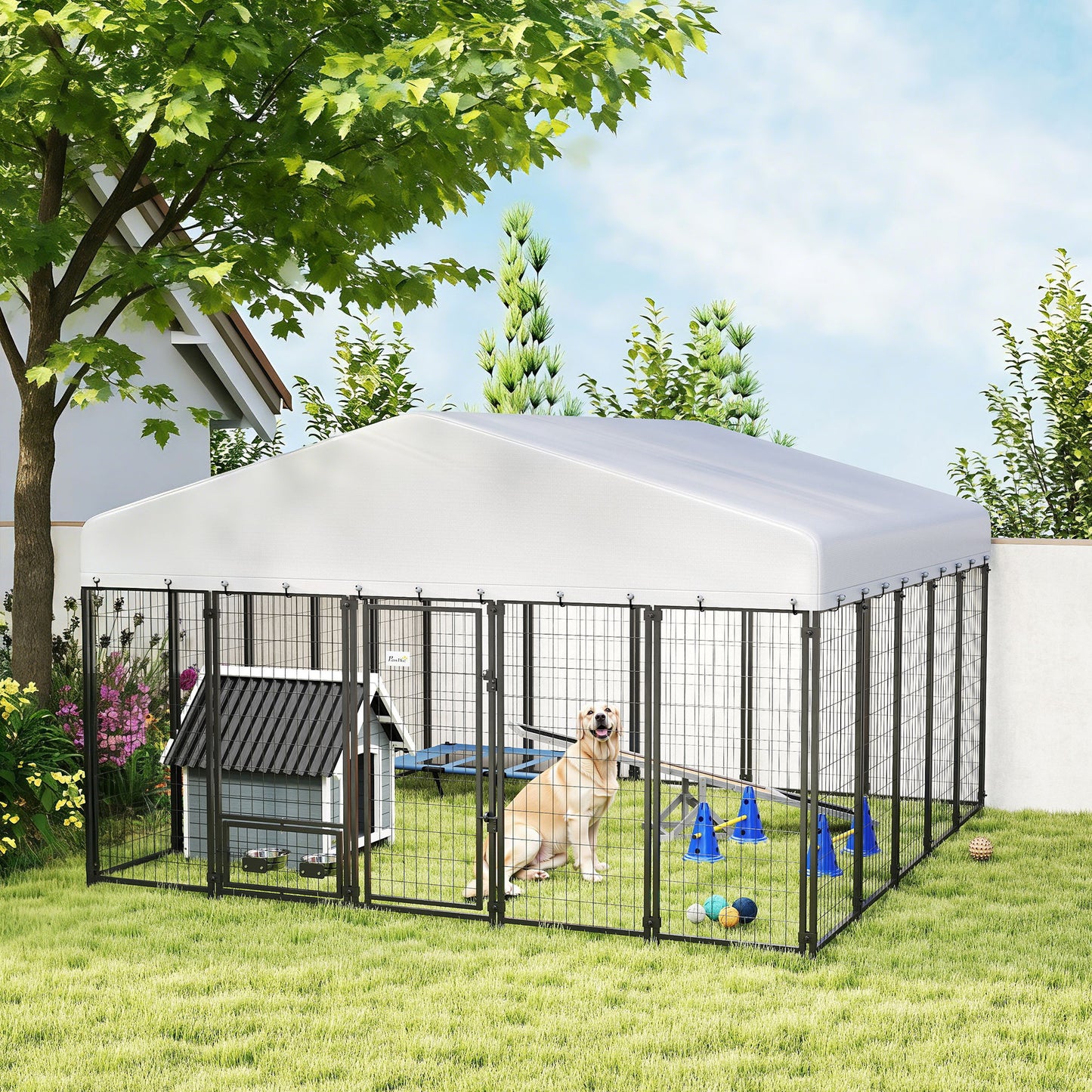 Outdoor Dog Kennel with Rotating Bowls Waterproof Cover Large Pet Cage