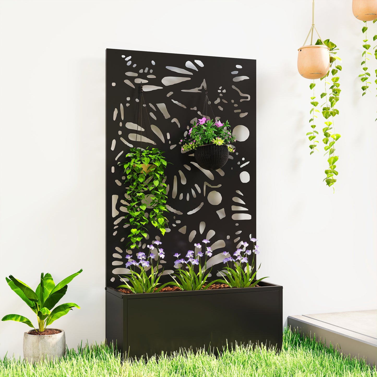 Metal Garden Bed with Trellis for Climbing Plants - Freestanding or Wall Mountable, Black 990x700mm