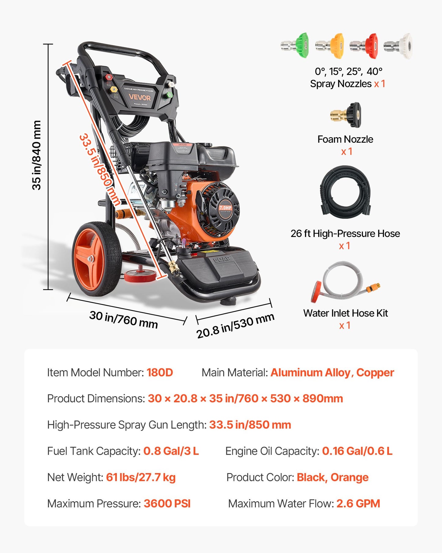 Gas Pressure Washer 3600 PSI 2.6 GPM with Copper Pump & Nozzle Set - Black