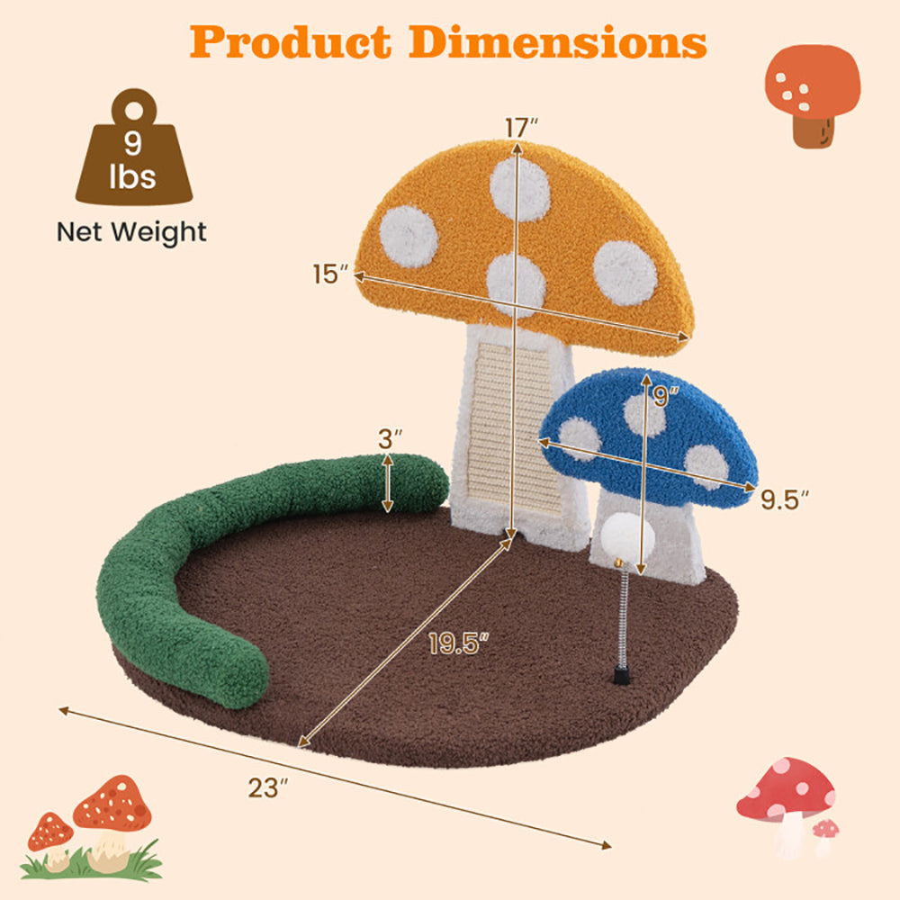 Multicolor Mushroom Cat Bed with Scratcher and Swinging Toy - Cozy Cat Tree
