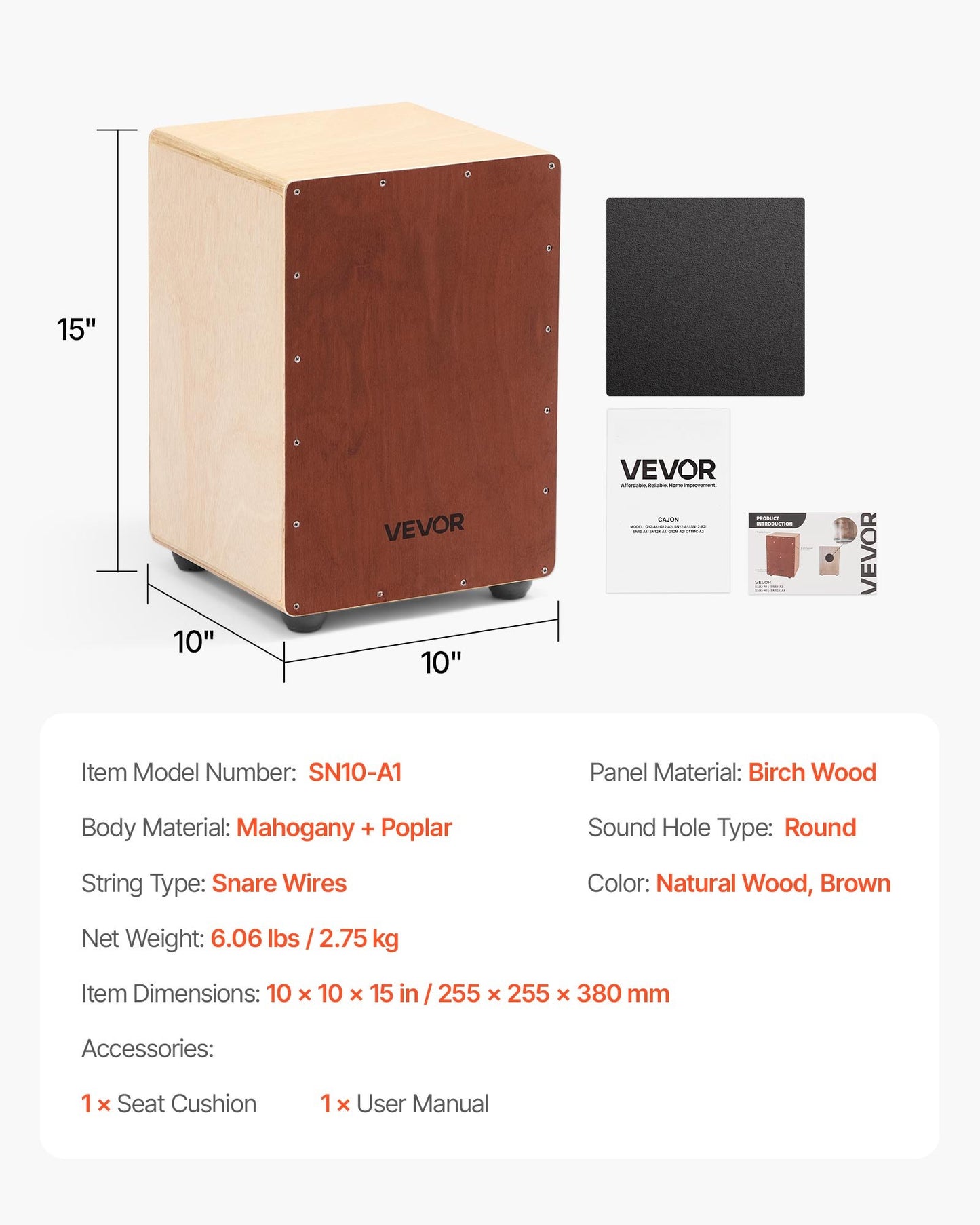 Wooden Cajon Box Drum with Internal Snare Wires - Portable Percussion Instrument