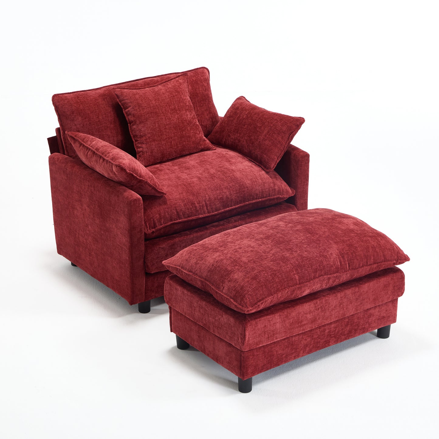 Modern Accent Chair with Ottoman - Wine Red Chenille Upholstery