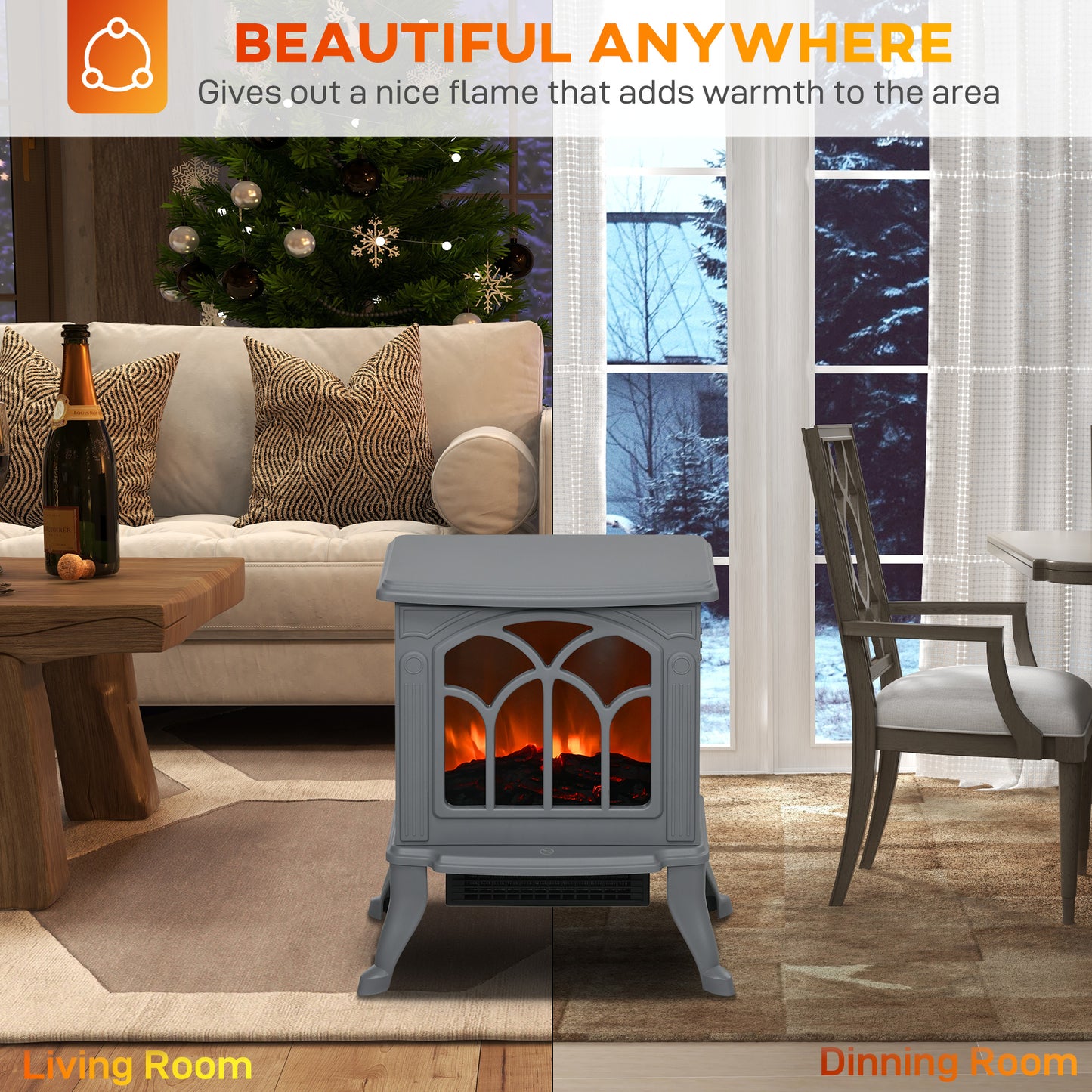 Electric Fireplace Heater Freestanding Stove with Realistic Logs Flame Effect Gray 750W/1500W