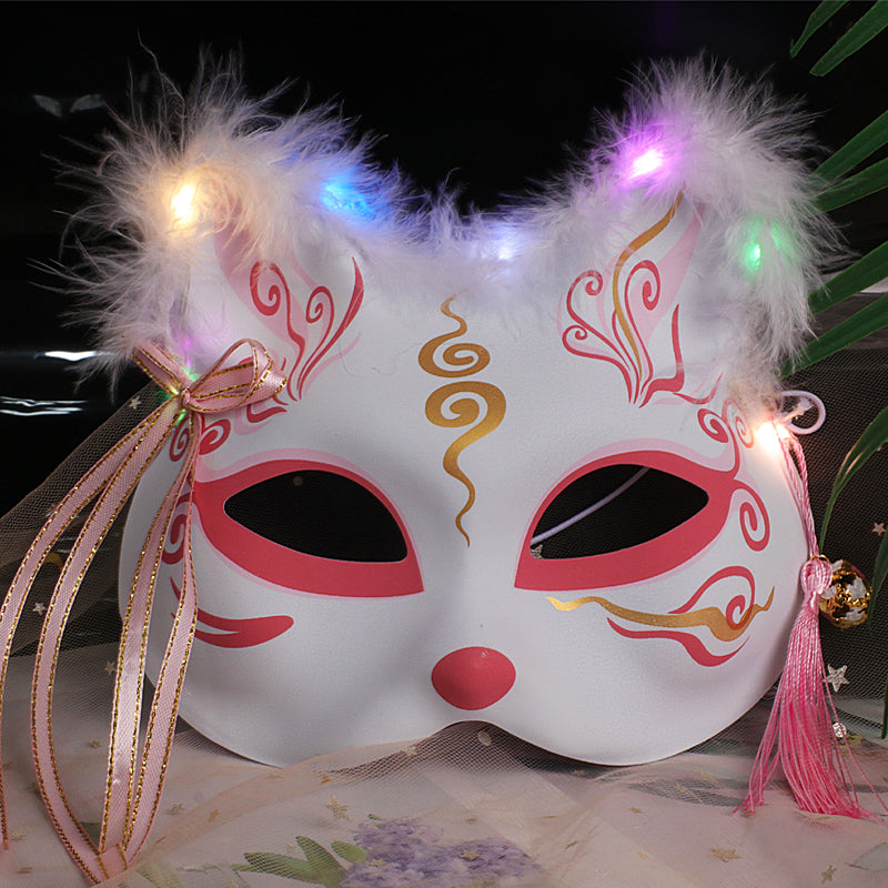 Halloween Party Luminous Feather Fox Mask Two-Faced Cat Face Mask