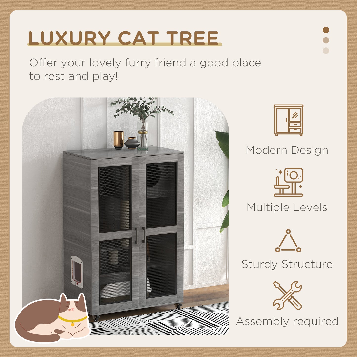 Cat Tree with Scratching Post & Wheels - Gray Pet Furniture
