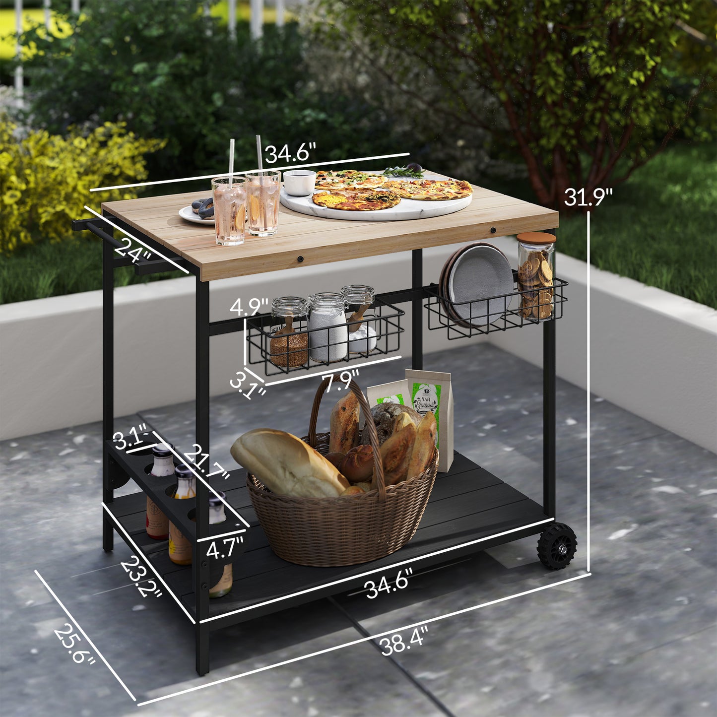 Outdoor Bar Cart with Wine Holders - Natural Wood