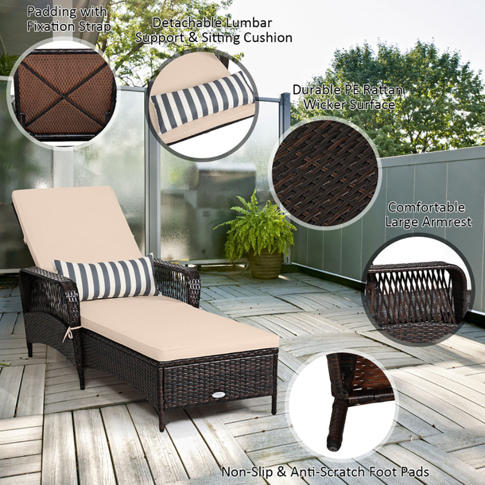 Outdoor Patio Wicker Chaise Lounge Chair With Adjustable Backrest And