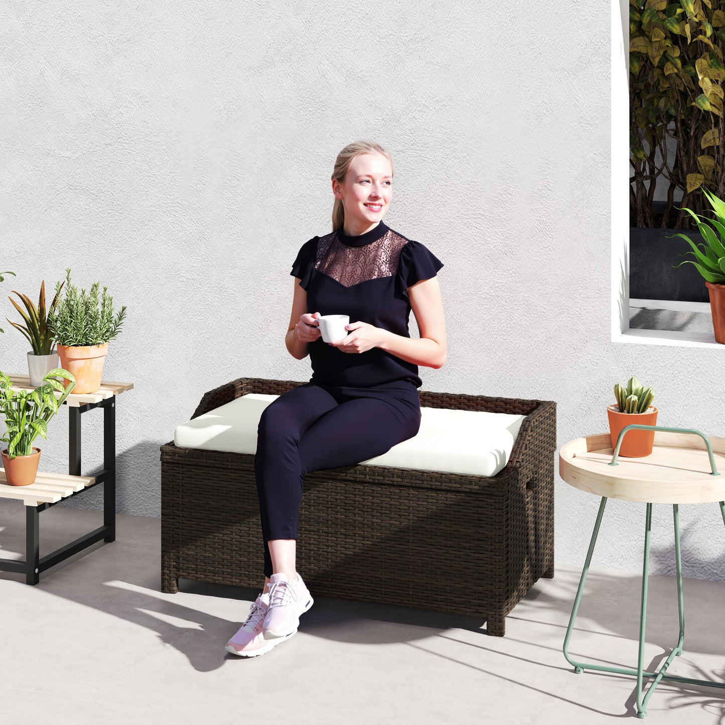 Outdoor Wicker Storage Bench With & Cushion, Cream White